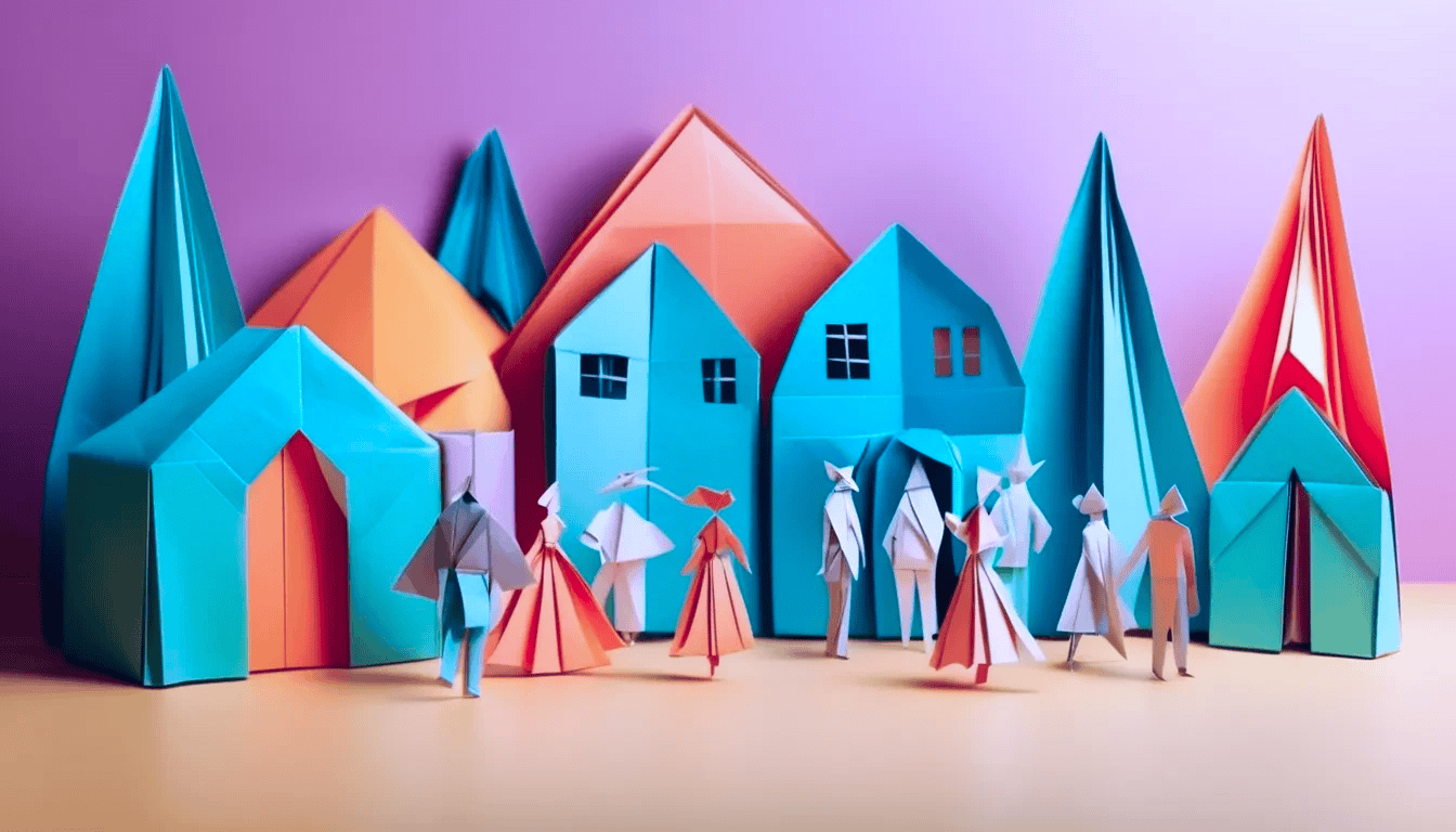 Origami style people surrounded by houses