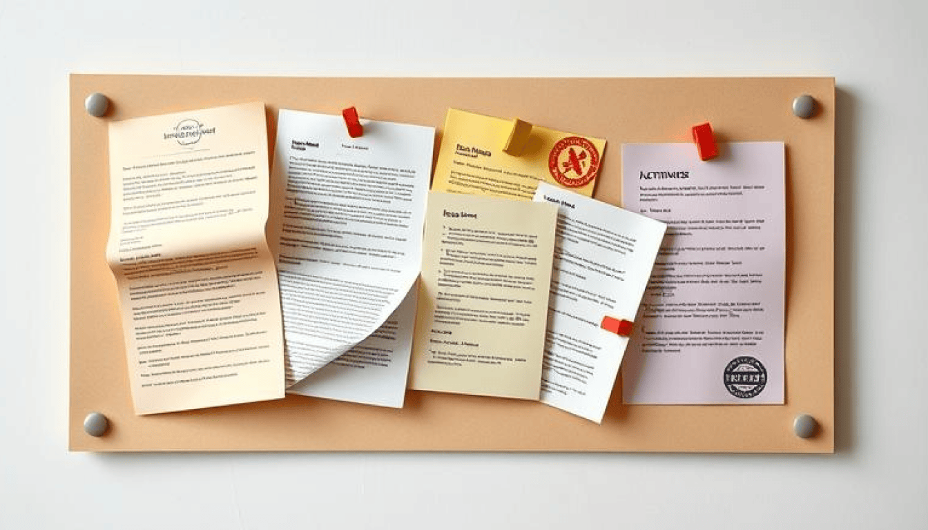 A bulletin board with some documents