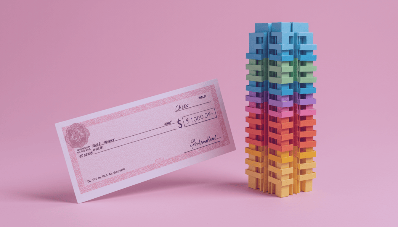 A cheque and a paper building