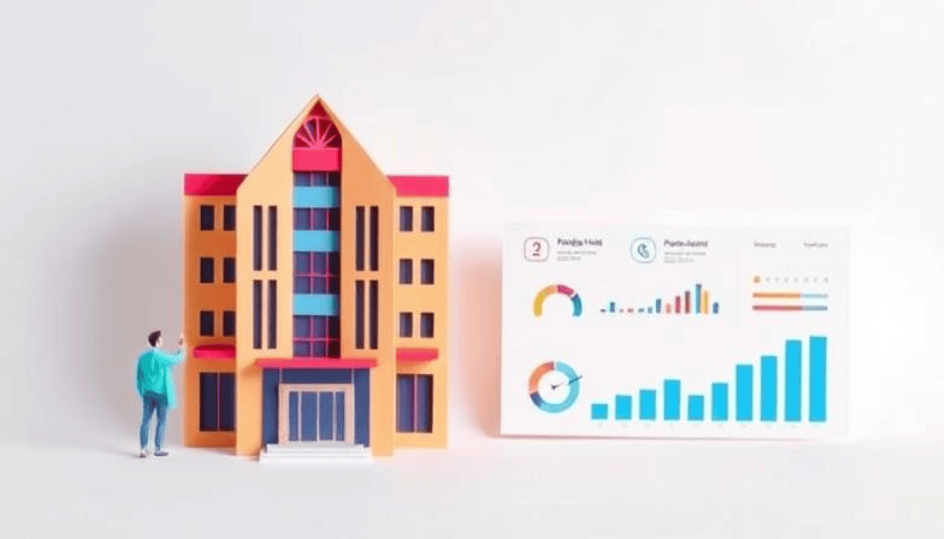 A person in front of a building, and list with graphs