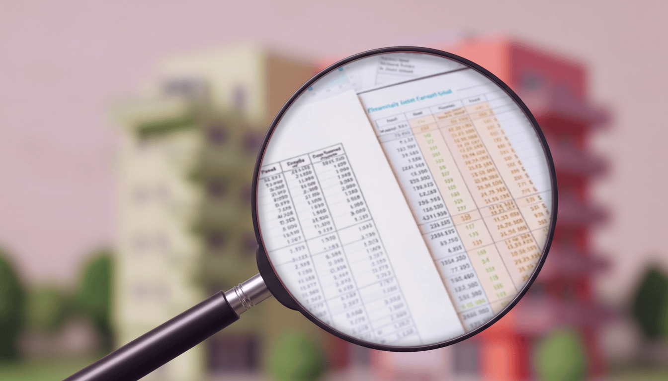 A magnifying glass looking over a building, seeing financial documents