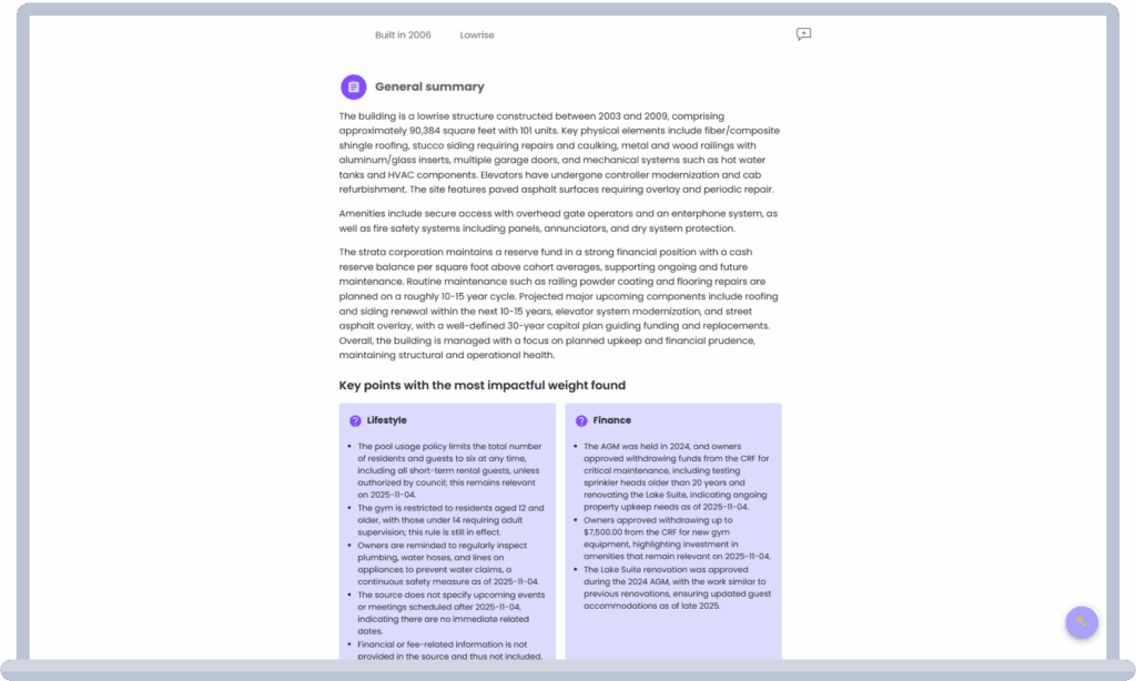 screen with text of general summary of strata information