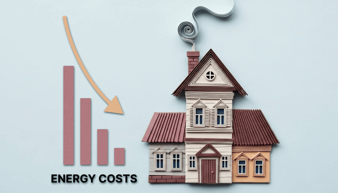A graph showing decrease of energy costs and an illustration of a house
