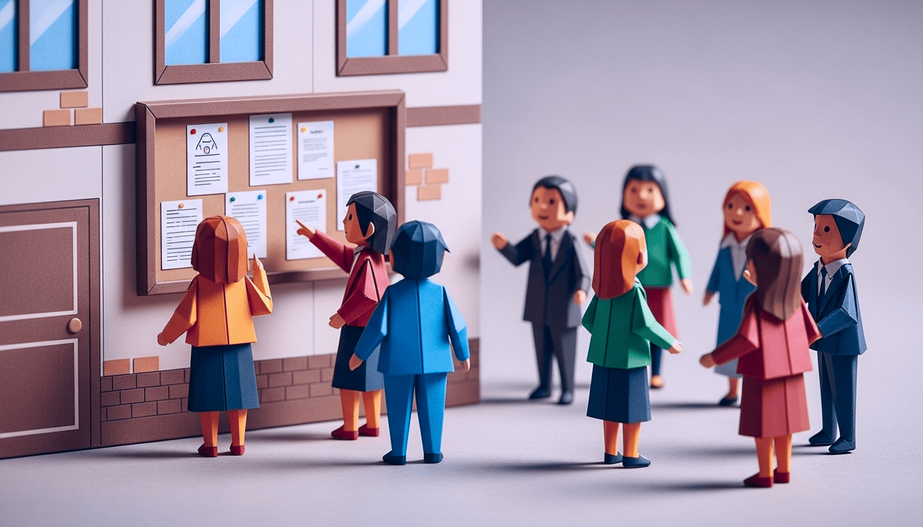 A group of people discussing bulletin board papers