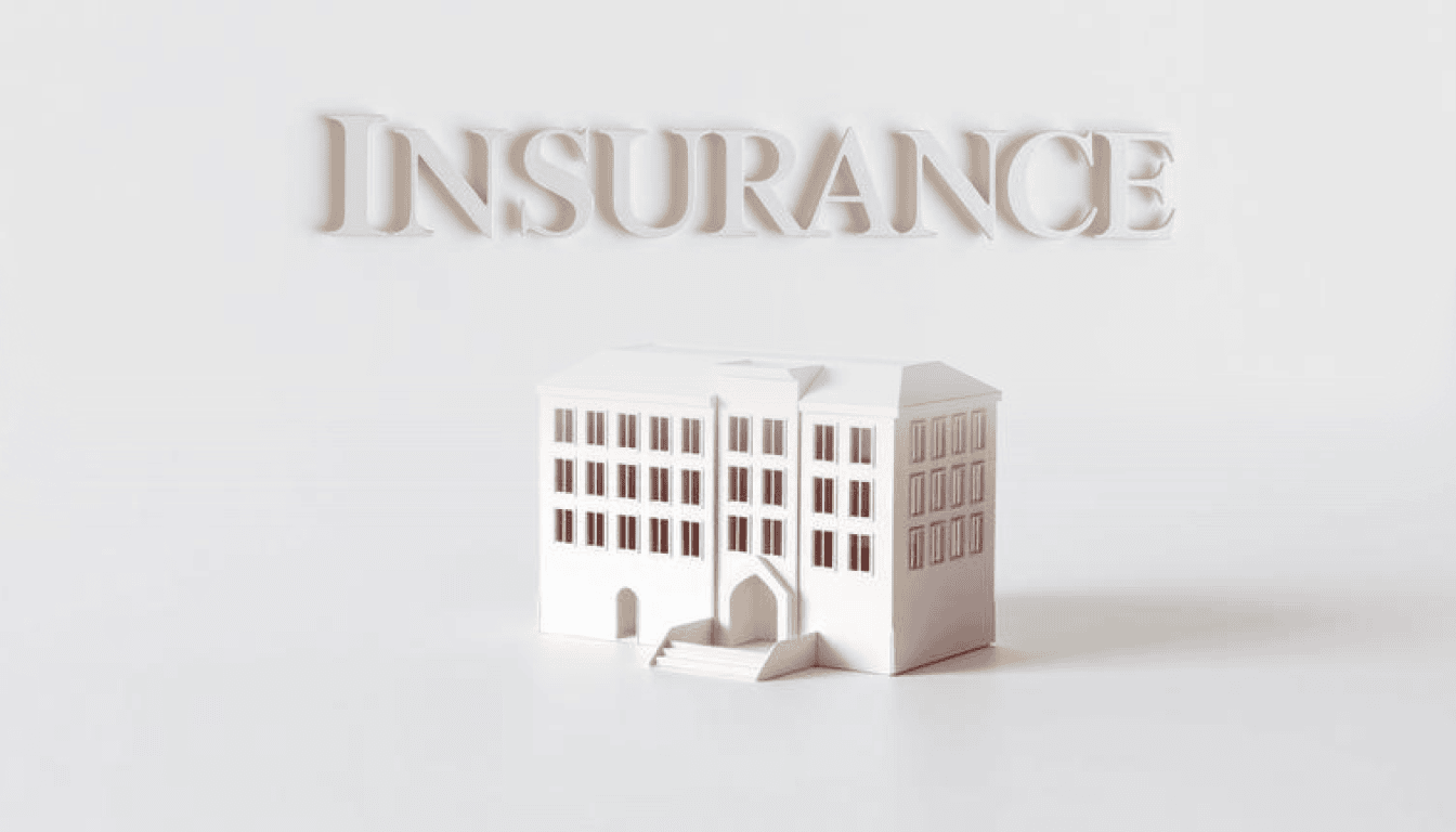 a paper building, text "insurance" above it